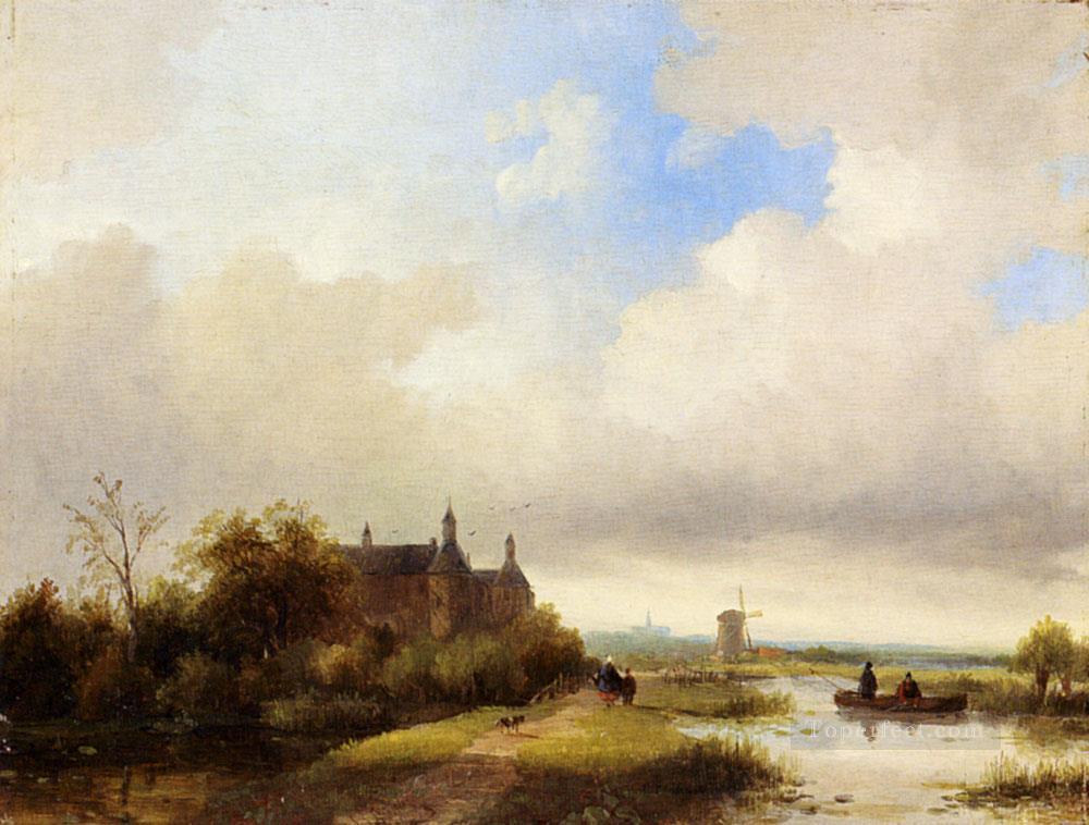 Travellers On A Path Haarlem In The Distance boat Jan Jacob Coenraad Spohler Landscapes stream Oil Paintings